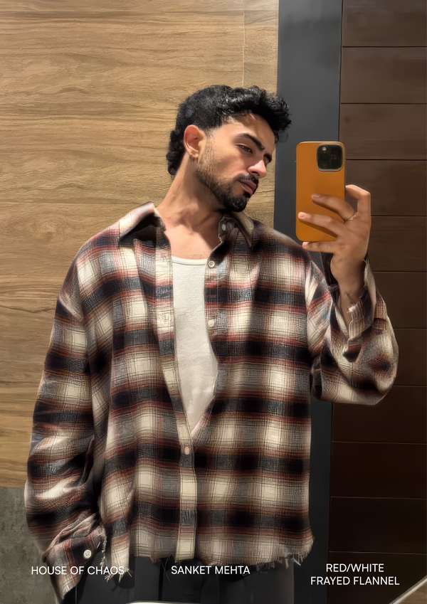 Sanket Mehta wearing the Frayed Flannel — Red/White by Peace In Chaos