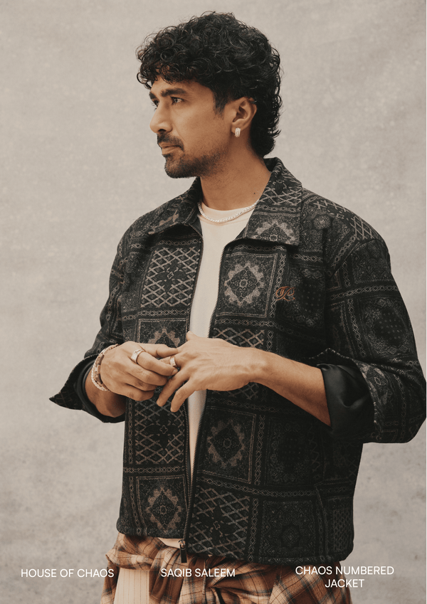 Saqib Saleem wearing the Chaos Numbered Jacket by Peace In Chaos