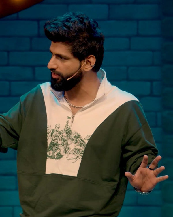 Harsh Gujral wearing the Patchwork Sweatshirt — Forest Green by Peace In Chaos